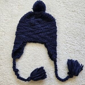 Vintage Navy Blue Chunky Knit Trapper Hat with Pom Pom and Tassels Adult